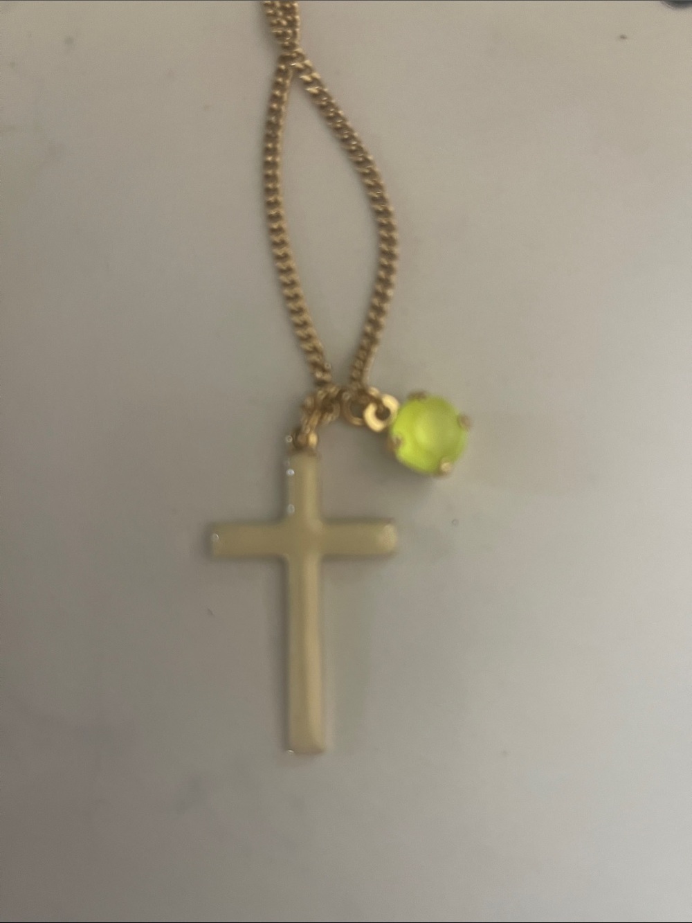 Tova Gold Chain Necklace with bright yellow green crystal with yellow cross - Picture 3 of 5